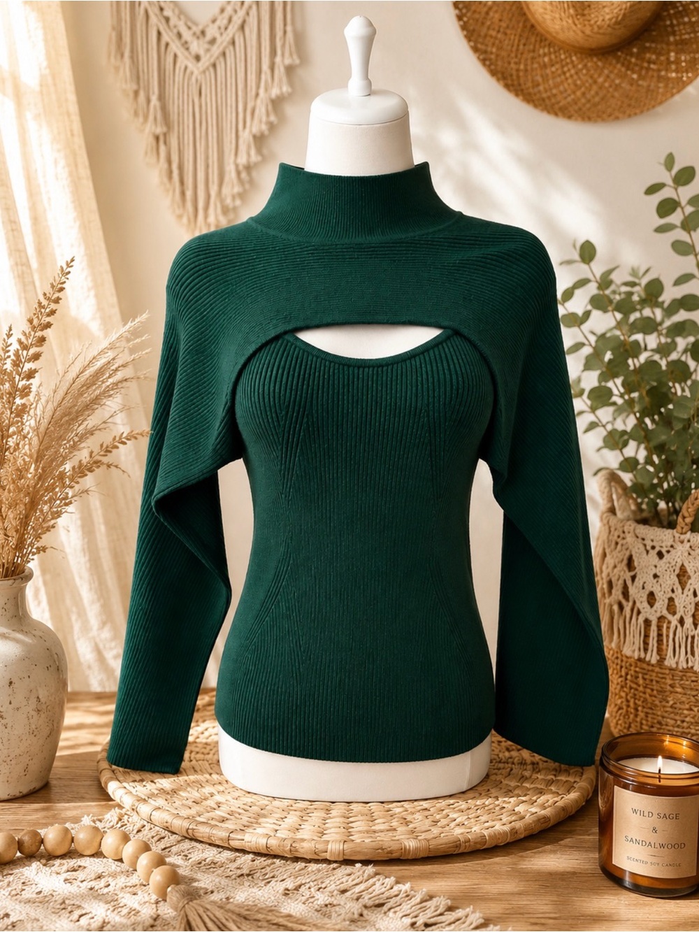 Banana Republic Dark Green Cutout Ribbed Sweater 2piece Shrug Set size S